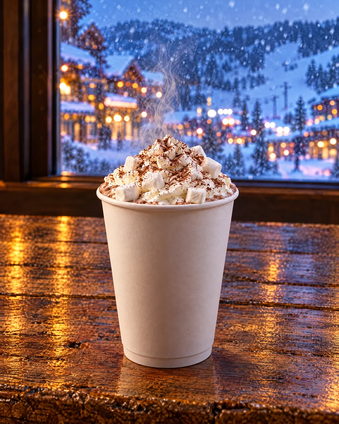 A cup of hot chocolate with whipped cream by a window over the snowy village