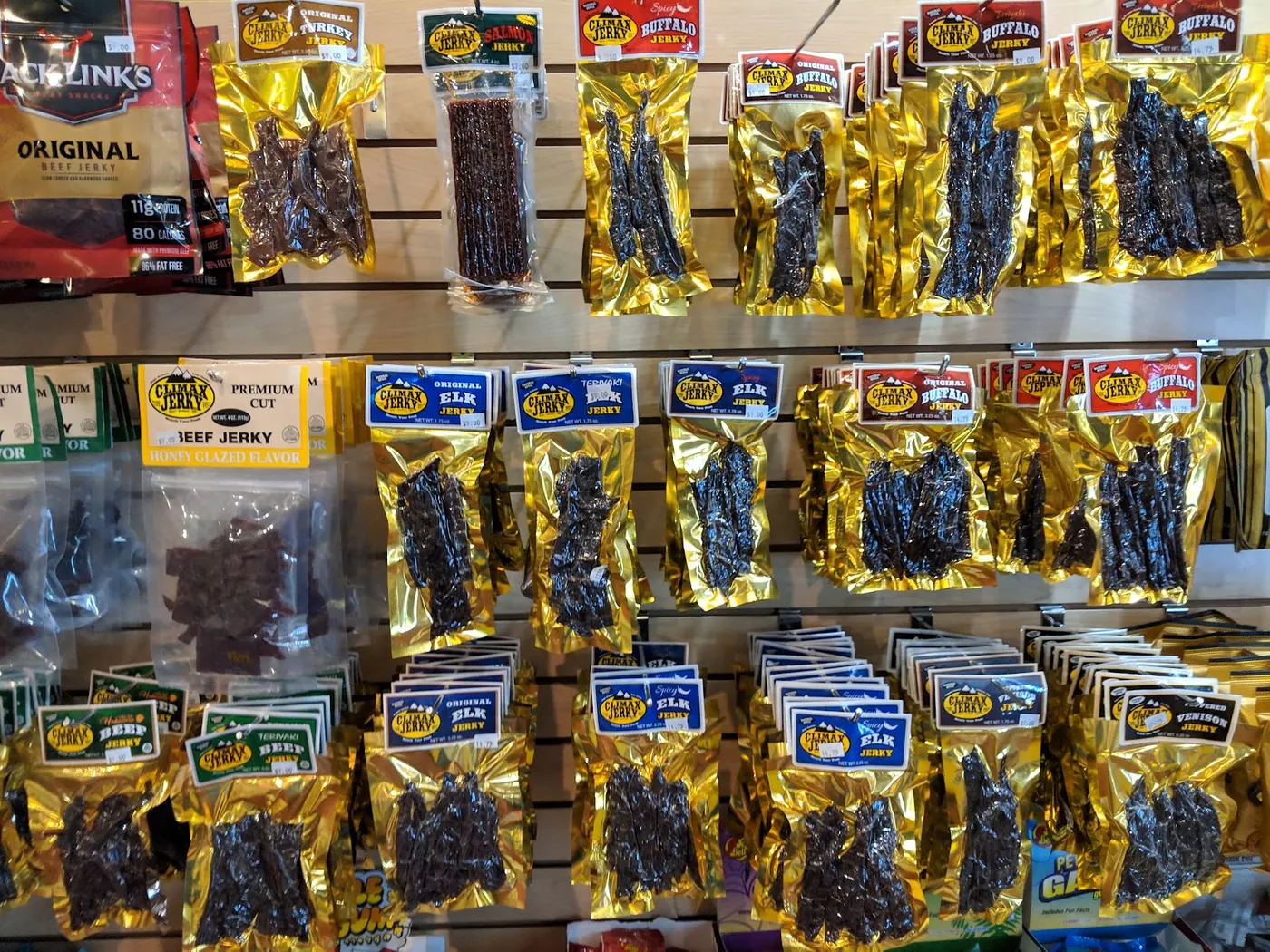 A wall of beef and elk jerky bags